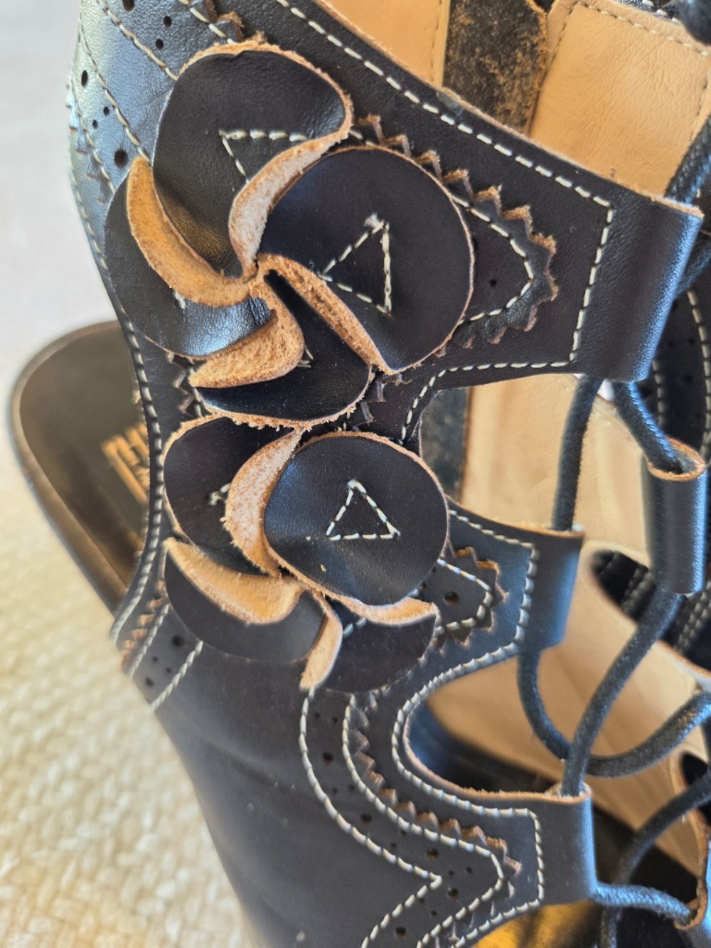 L'Artiste open toe booties black leather Alejandra, Spring Step laces heel boho - Picture 3 of 12